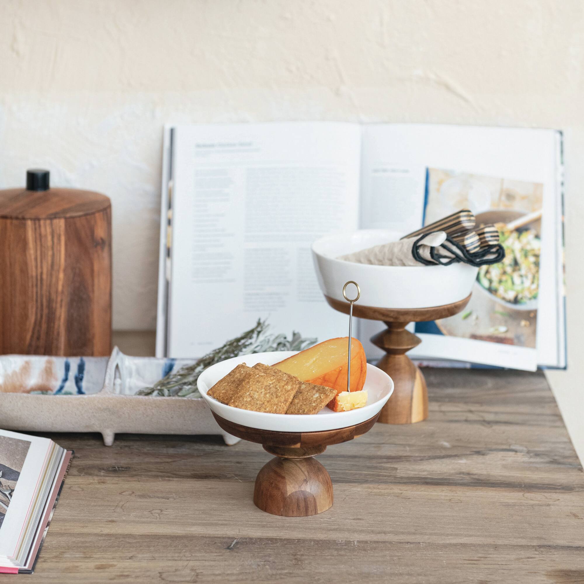 Hello Honey® 5.75" White & Natural Acacia Wood Enhanced Stoneware Serving Set